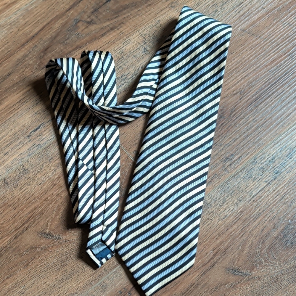 Firenze Pure Silk Tie, Stripes, Black, Navy, Cream, Gold, Gray